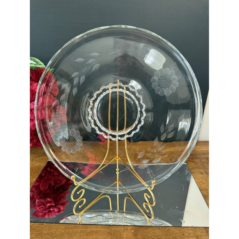Vintage Etched Cornflower W‎ J Hughes Glass Serving Plate with Scalloped Edge